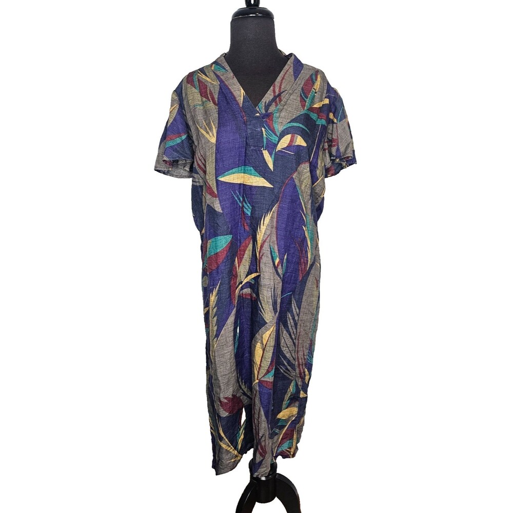 Vintage SOO YUNG LEE Midi Dress Size 4 100% Linen Short Flutter Sleeves V-Neck